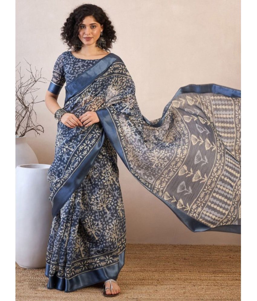     			NightBlue Pack of 1 Linen Printed Saree With Blouse Piece ( Dark Grey )