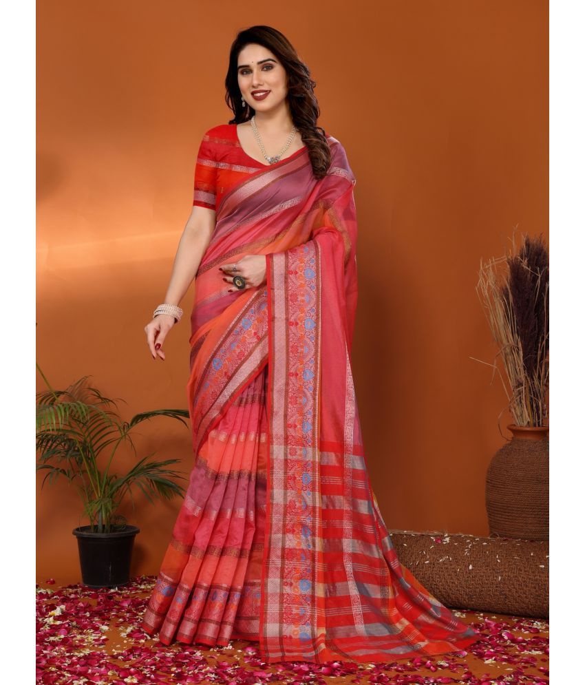     			NightBlue Pack of 1 Organza Striped Saree With Blouse Piece ( Red )