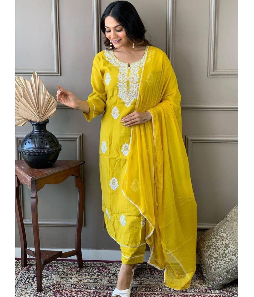     			Niza Fashion Viscose Embroidered Kurti With Pants Women's Stitched Salwar Suit - Yellow ( Pack of 1 )