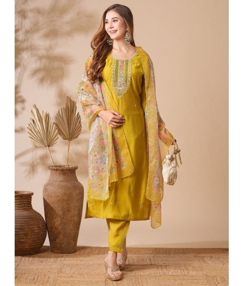     			Niza Fashion Viscose Embroidered Kurti With Pants Women's Stitched Salwar Suit - Yellow ( Pack of 1 )