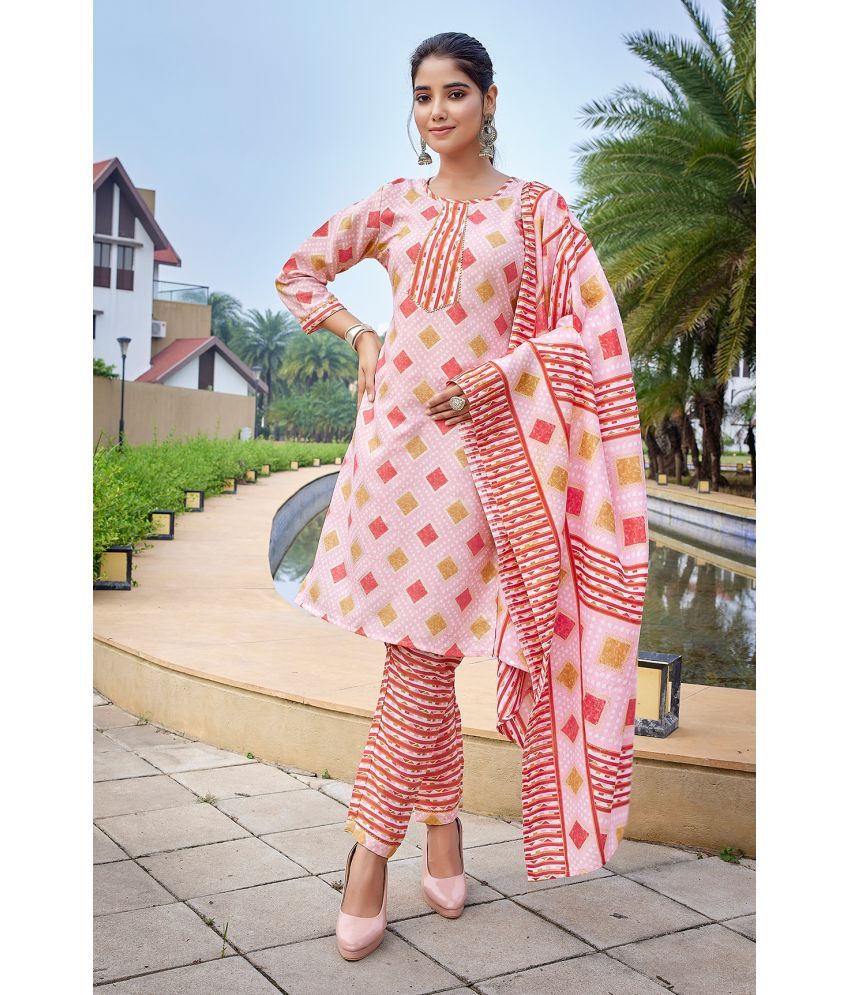     			Royal Export Cotton Blend Printed Kurti With Pants Women's Stitched Salwar Suit - Pink ( Pack of 1 )