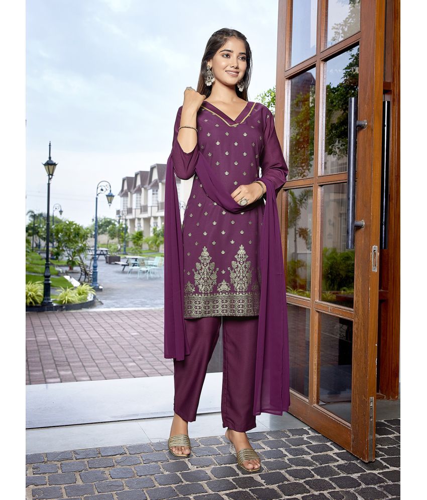     			Royal Export Crepe Printed Kurti With Pants Women's Stitched Salwar Suit - Purple ( Pack of 1 )