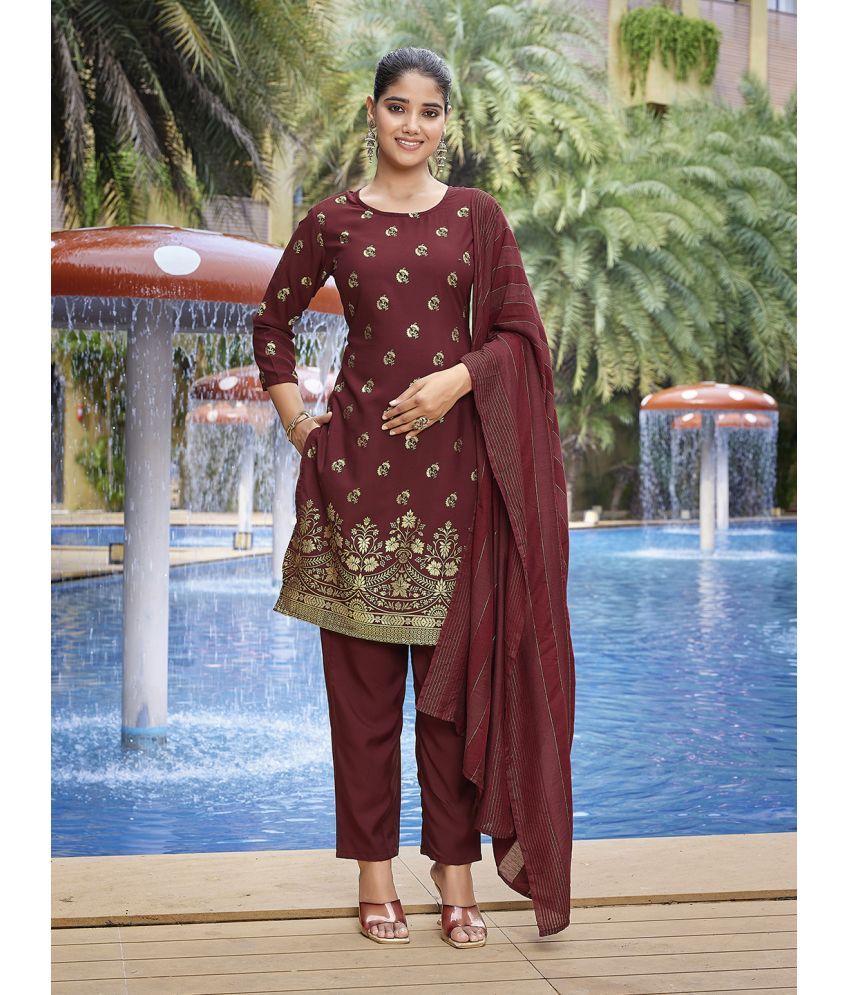     			Royal Export Crepe Printed Kurti With Pants Women's Stitched Salwar Suit - Maroon ( Pack of 1 )