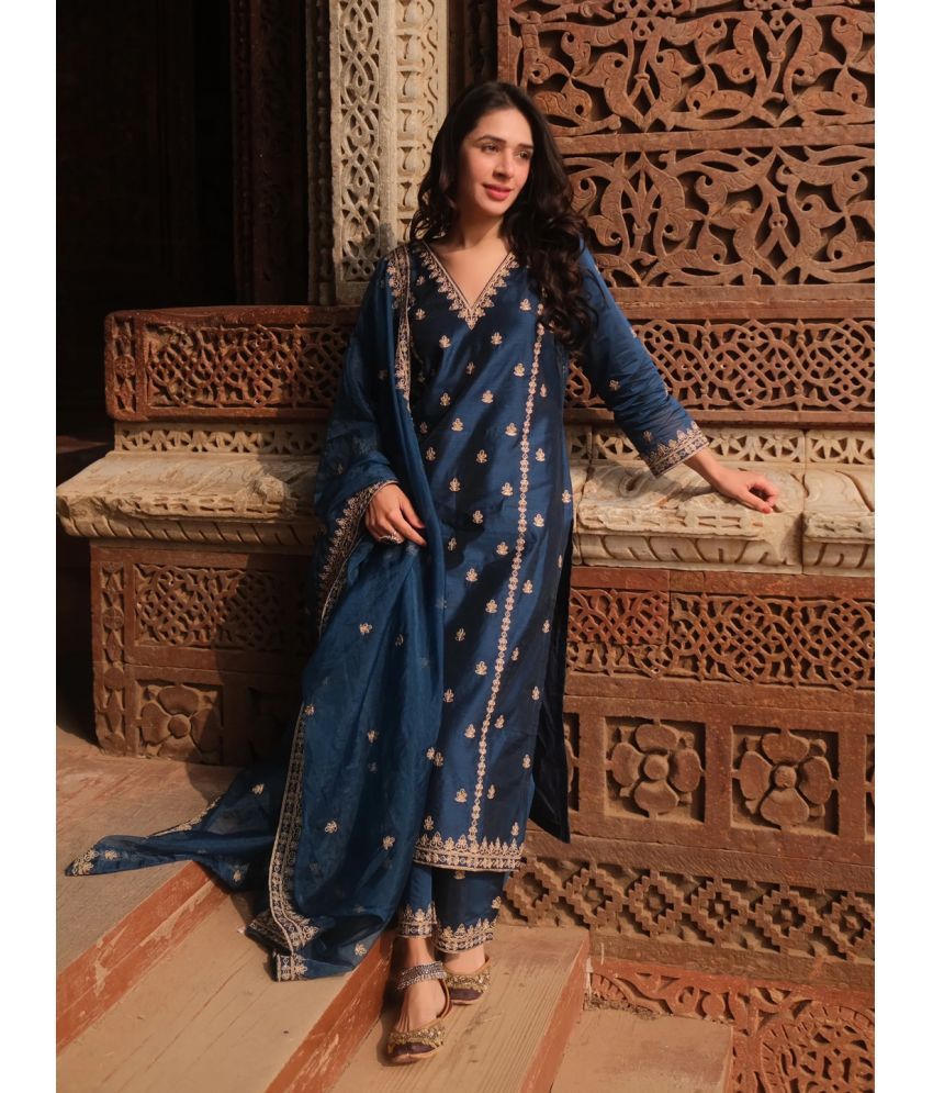     			Royal Export Viscose Embroidered Kurti With Palazzo Women's Stitched Salwar Suit - Blue ( Pack of 1 )