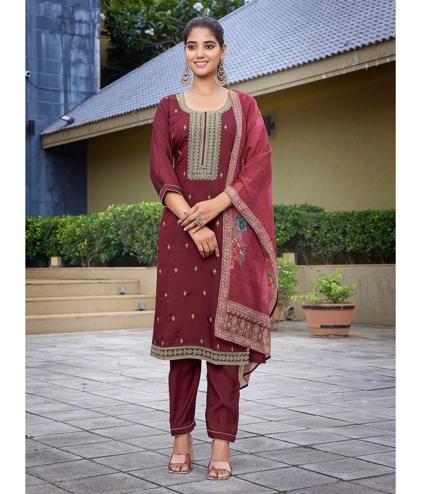     			Royal Export Viscose Embroidered Kurti With Pants Women's Stitched Salwar Suit - Maroon ( Pack of 1 )