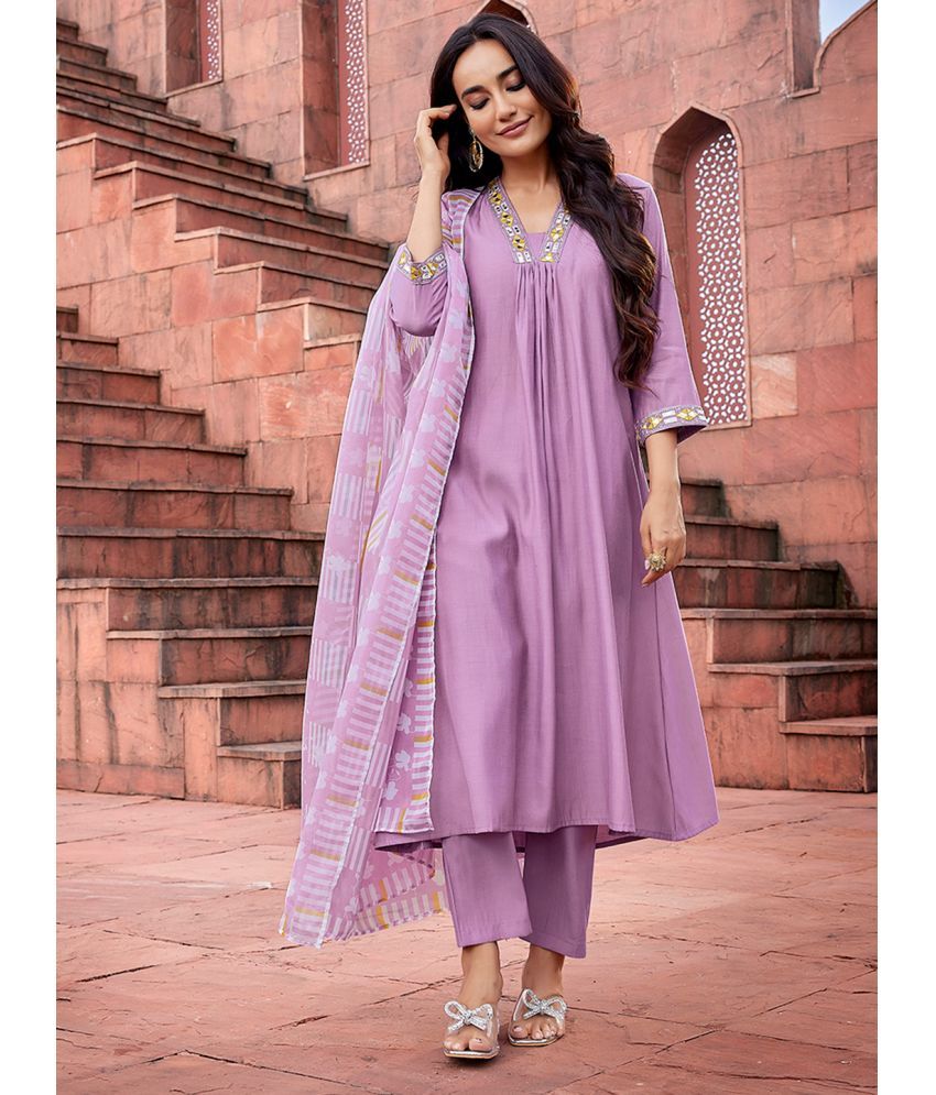     			Royal Export Viscose Solid Kurti With Pants Women's Stitched Salwar Suit - Lavender ( Pack of 1 )