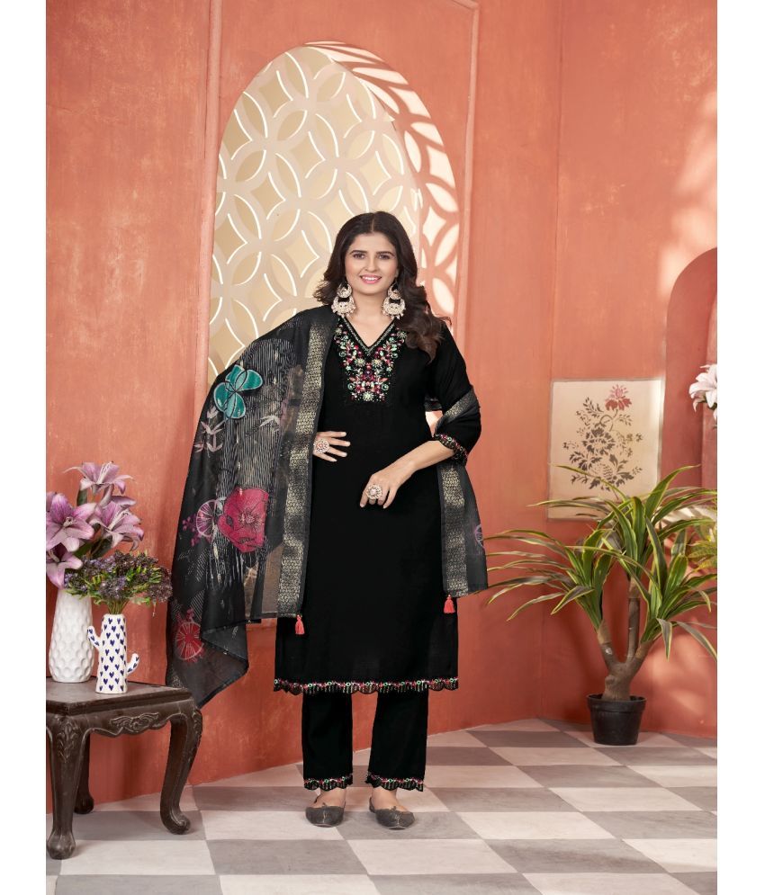     			Varni Fabrics Silk Embroidered Kurti With Pants Women's Stitched Salwar Suit - Black ( Pack of 1 )