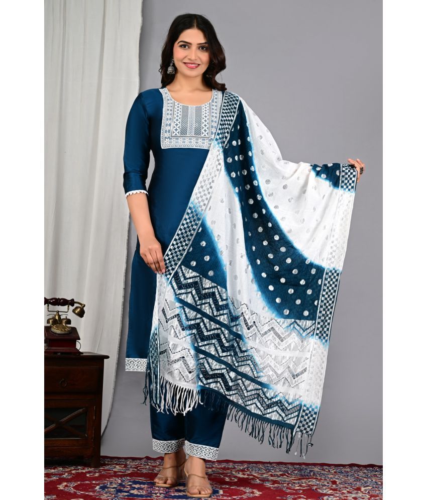     			EXPORTHOUSE Silk Blend Embroidered Kurti With Pants Women's Stitched Salwar Suit - Blue ( Pack of 1 )