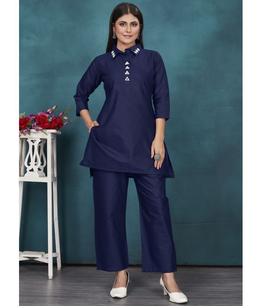     			Style Samsara Cotton Embellished Kurti With Pants Women's Stitched Salwar Suit - Blue ( Pack of 1 )