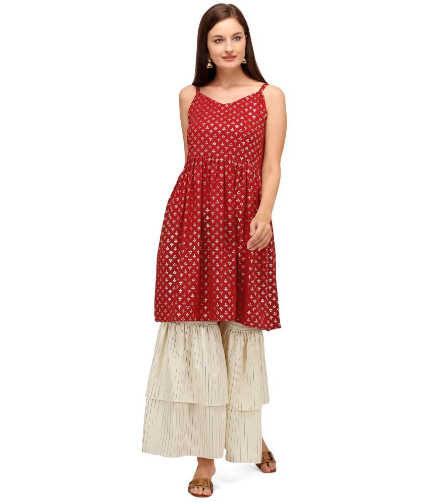     			gufrina Rayon Printed Kurti With Sharara And Gharara Women's Stitched Salwar Suit - Red ( Pack of 1 )