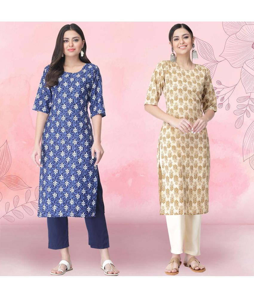     			Ethnicbasket Crepe Printed Kurti With Pants Women's Stitched Salwar Suit - Beige ( Pack of 2 )