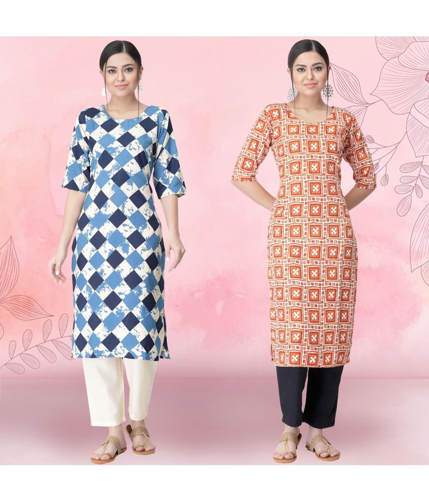     			Ethnicbasket Crepe Printed Kurti With Pants Women's Stitched Salwar Suit - Orange ( Pack of 2 )