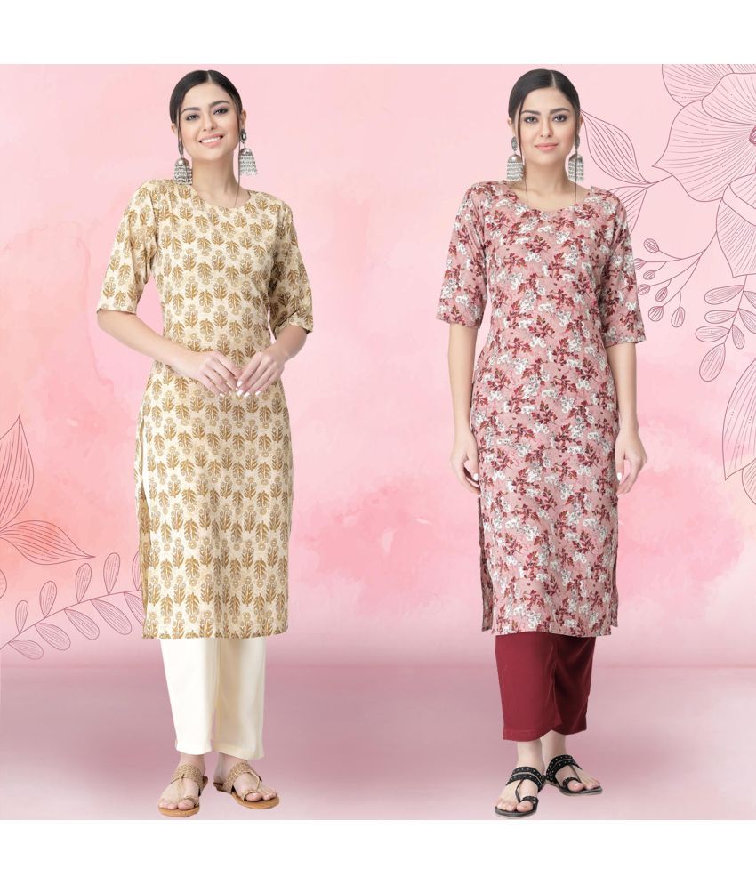     			Ethnicbasket Crepe Printed Kurti With Pants Women's Stitched Salwar Suit - Peach ( Pack of 2 )