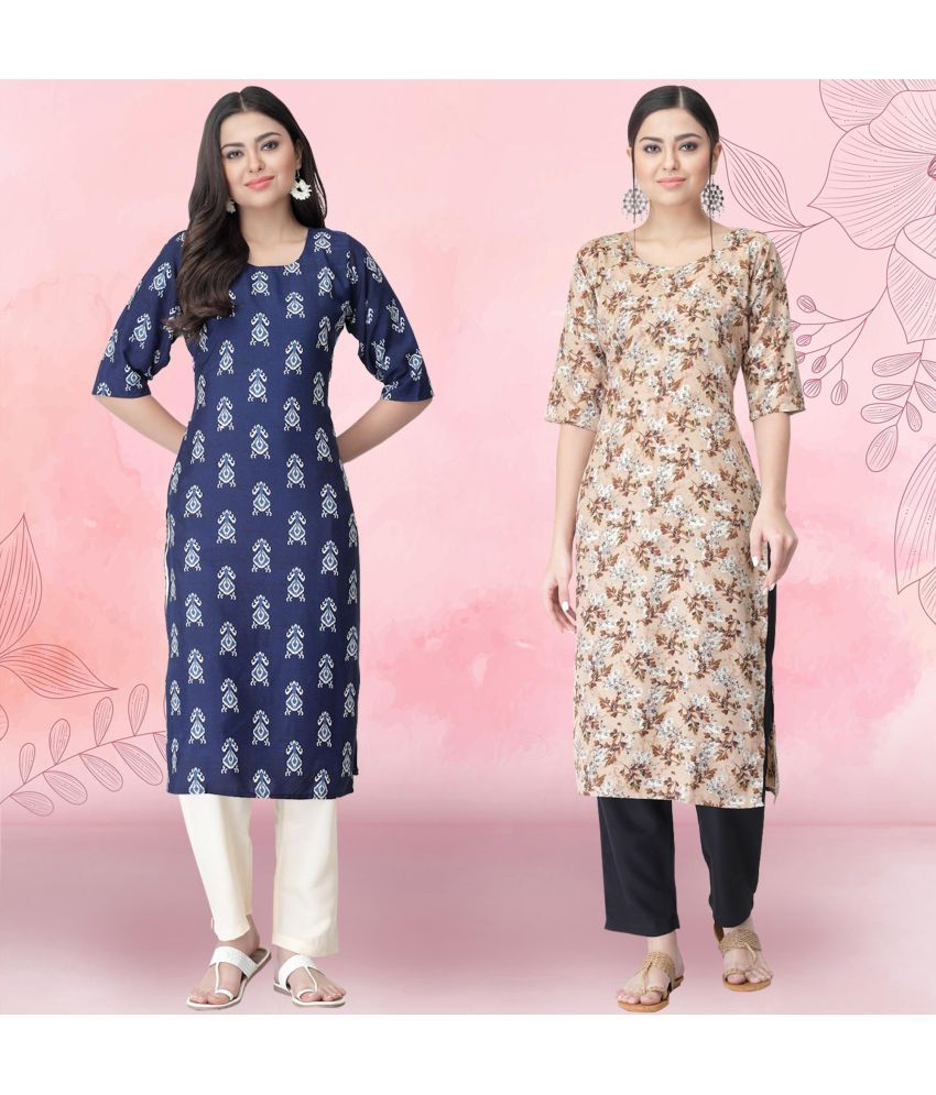     			Ethnicbasket Crepe Printed Kurti With Pants Women's Stitched Salwar Suit - Beige ( Pack of 2 )