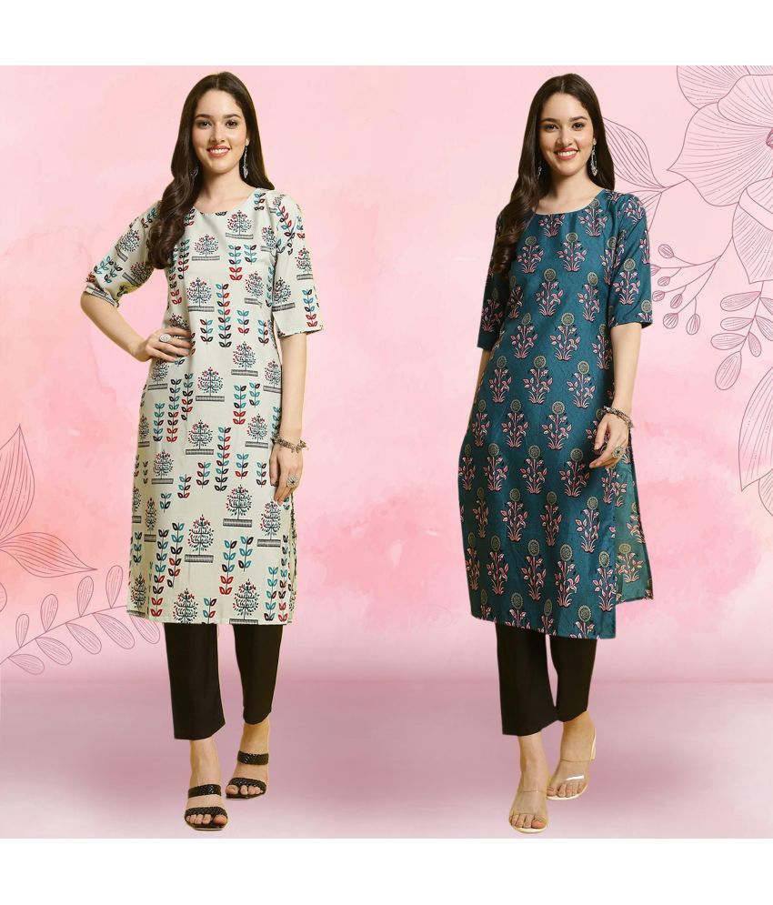     			Ethnicbasket Crepe Printed Kurti With Pants Women's Stitched Salwar Suit - Teal ( Pack of 2 )