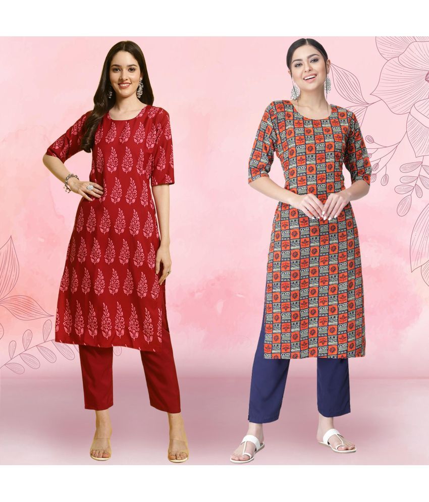     			Ethnicbasket Crepe Printed Kurti With Pants Women's Stitched Salwar Suit - Orange ( Pack of 2 )