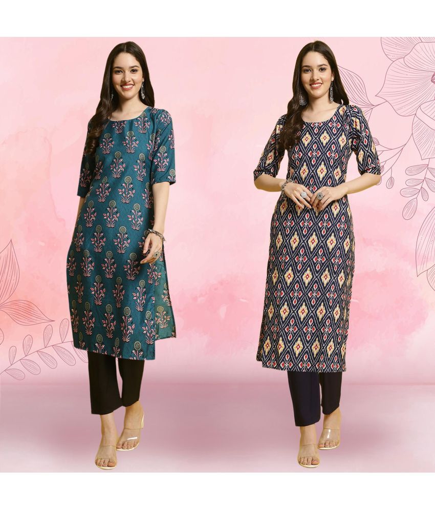     			Ethnicbasket Crepe Printed Kurti With Pants Women's Stitched Salwar Suit - Navy Blue ( Pack of 2 )