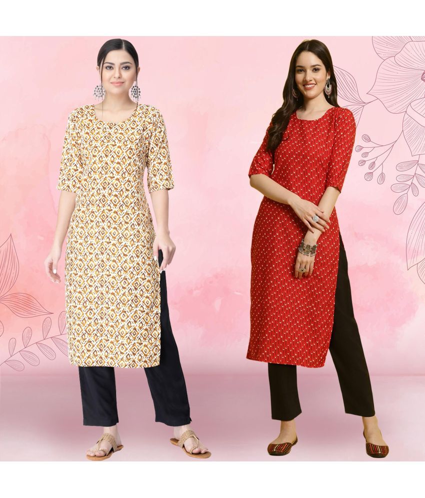     			Ethnicbasket Crepe Printed Kurti With Pants Women's Stitched Salwar Suit - Red ( Pack of 2 )