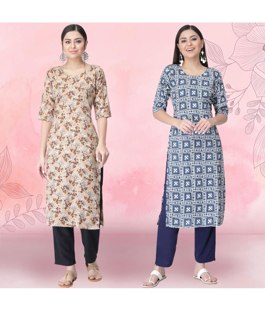     			Ethnicbasket Crepe Printed Kurti With Pants Women's Stitched Salwar Suit - Navy Blue ( Pack of 2 )