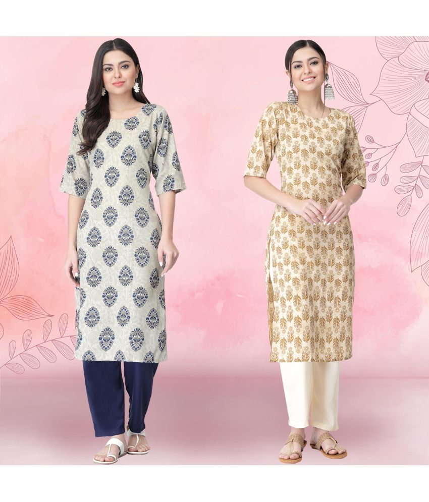     			Ethnicbasket Crepe Printed Kurti With Pants Women's Stitched Salwar Suit - Beige ( Pack of 2 )