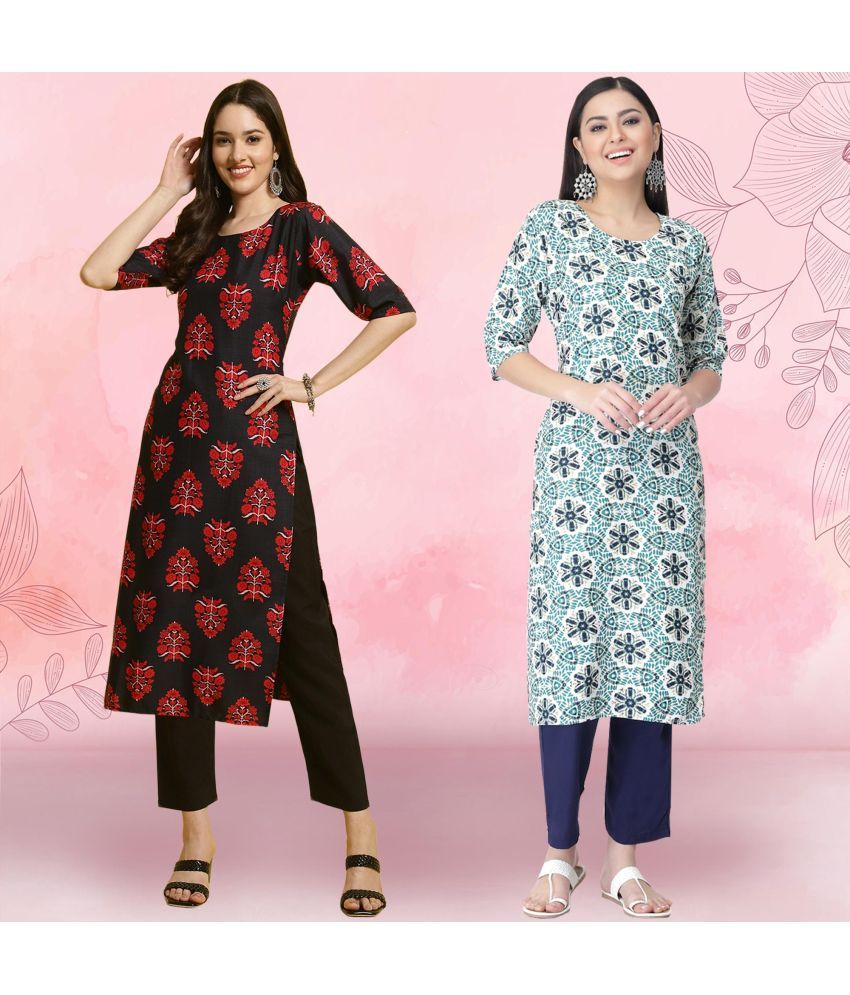     			Ethnicbasket Crepe Printed Kurti With Pants Women's Stitched Salwar Suit - Teal ( Pack of 2 )