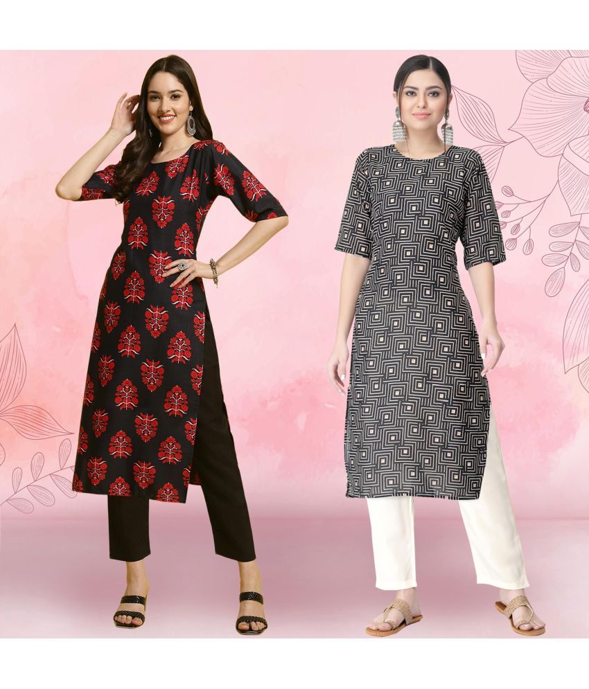     			Ethnicbasket Crepe Printed Kurti With Pants Women's Stitched Salwar Suit - Black ( Pack of 2 )