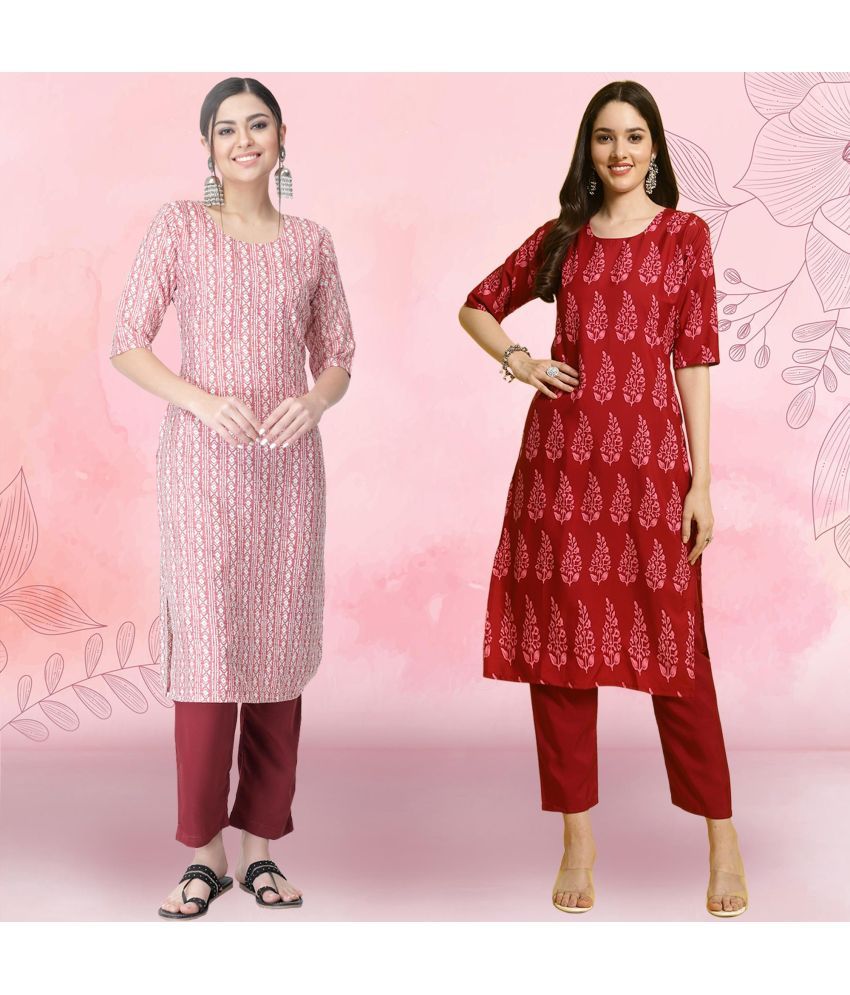     			Ethnicbasket Crepe Printed Kurti With Pants Women's Stitched Salwar Suit - Red ( Pack of 2 )