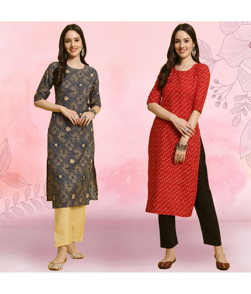     			Ethnicbasket Crepe Printed Kurti With Pants Women's Stitched Salwar Suit - Red ( Pack of 2 )