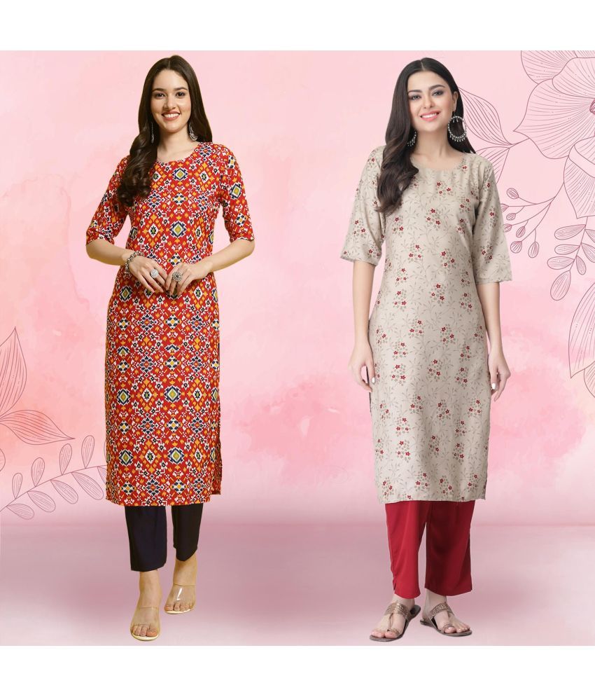     			Ethnicbasket Crepe Printed Kurti With Pants Women's Stitched Salwar Suit - Beige ( Pack of 2 )