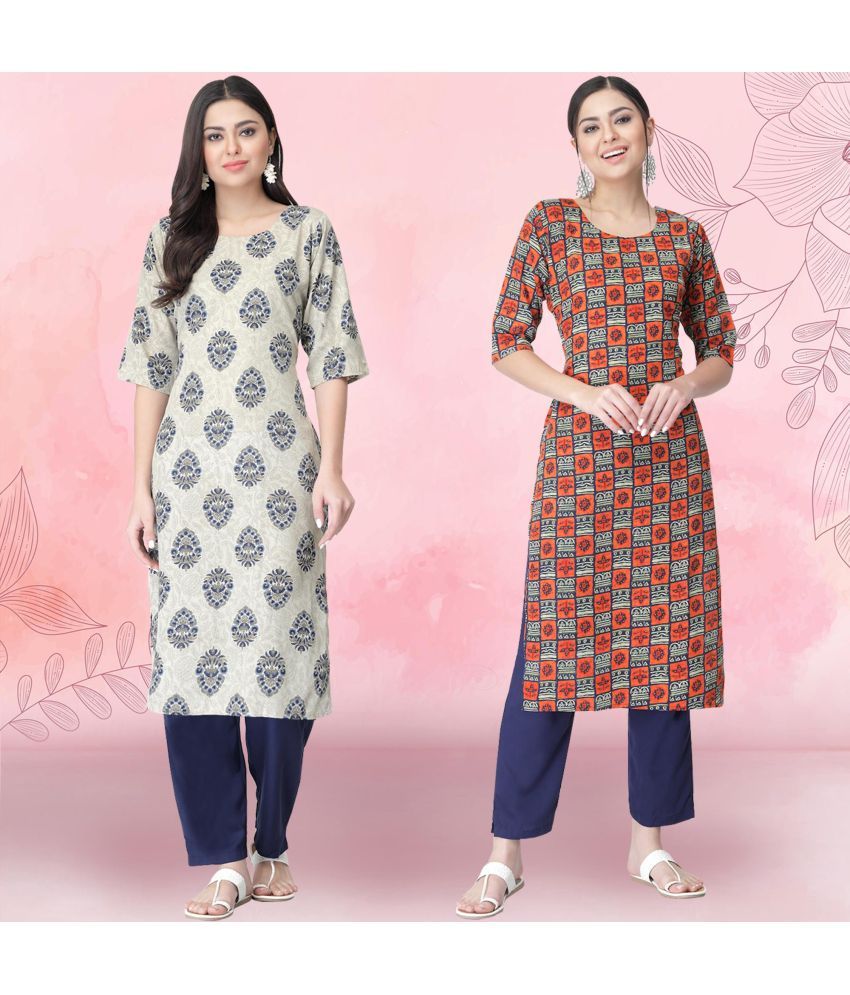     			Ethnicbasket Crepe Printed Kurti With Pants Women's Stitched Salwar Suit - Orange ( Pack of 2 )