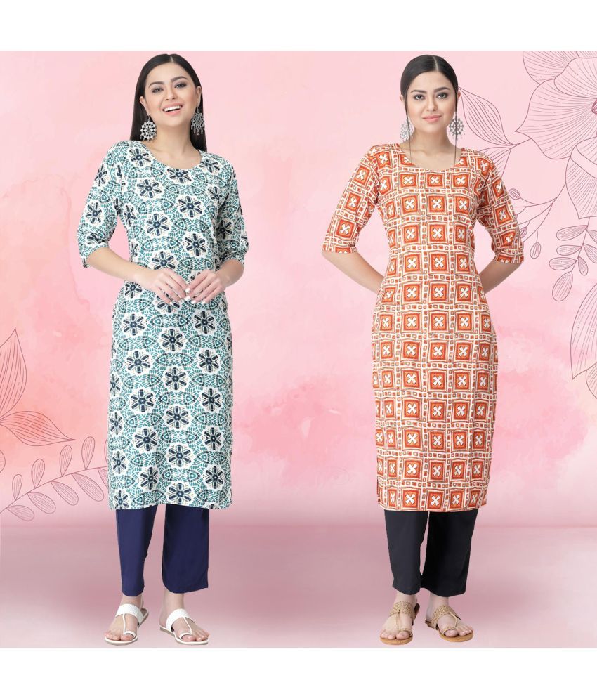     			Ethnicbasket Crepe Printed Kurti With Pants Women's Stitched Salwar Suit - Orange ( Pack of 2 )