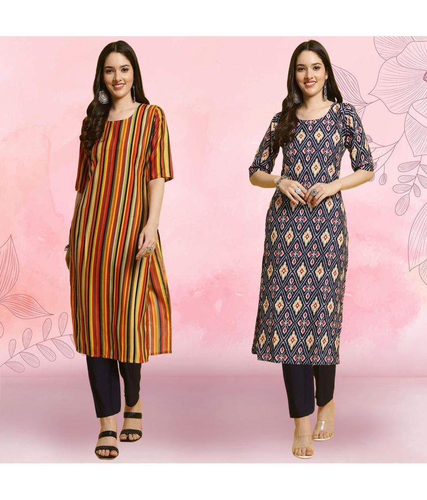     			Ethnicbasket Crepe Printed Kurti With Pants Women's Stitched Salwar Suit - Navy Blue ( Pack of 2 )