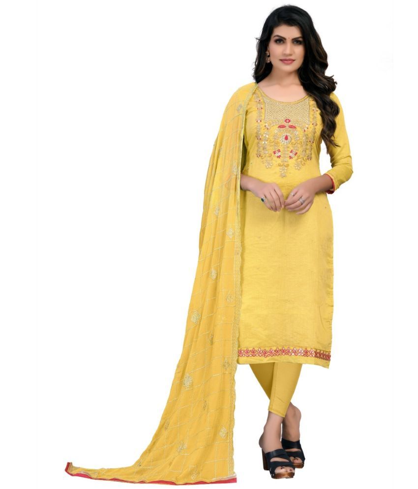     			Rajnandini Unstitched Chanderi Embroidered Dress Material - Yellow ( Pack of 1 )