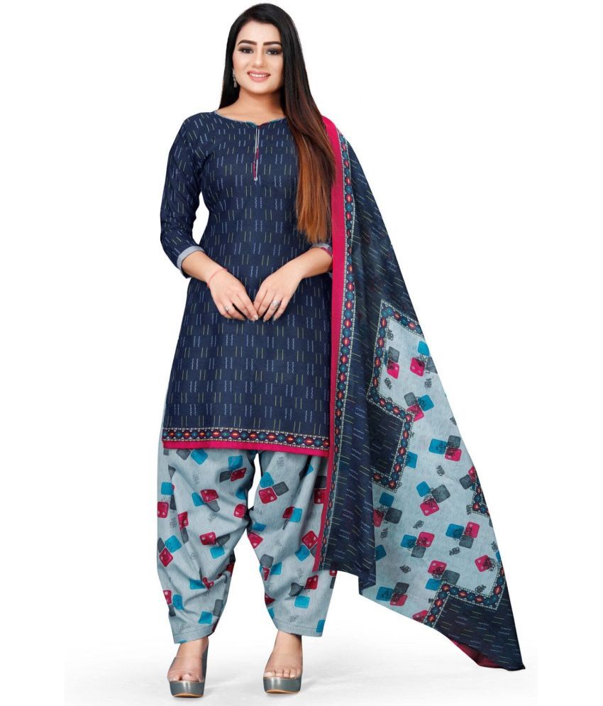     			Rajnandini Unstitched Cotton Blend Printed Dress Material - Dark Blue ( Pack of 1 )