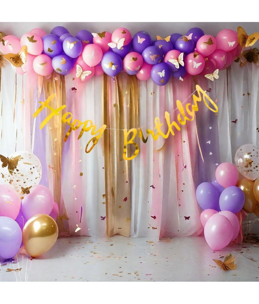     			HK balloons Pack of 48 Pcs Butterfly Birthday Decoration Item Purple Birthday Decoration Set For Girls Backdrop Decoration Kit Birthday Decorations for Women With White Cloth Curtain & Gold Confetti