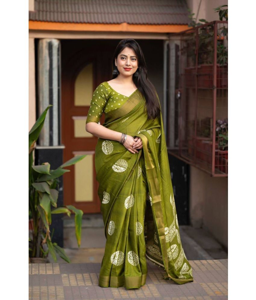     			Pheasant Pack of 1 Cotton Blend Printed Saree With Blouse Piece ( Green )