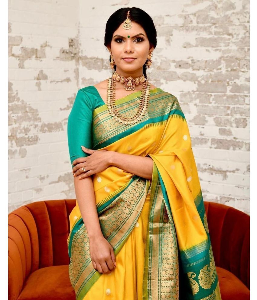     			Pheasant Pack of 1 Jacquard Applique Saree With Blouse Piece ( Yellow )