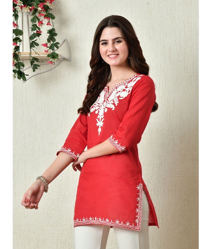     			Tanuj Pack of 1 Cotton Embroidered Straight Women's Kurti - ( Red )