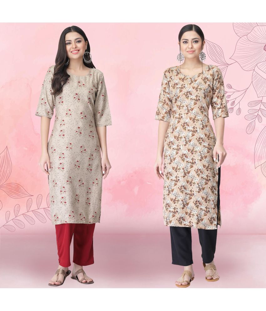     			1 Stop Fashion Crepe Printed Kurti With Pants Women's Stitched Salwar Suit - Beige ( Pack of 2 )