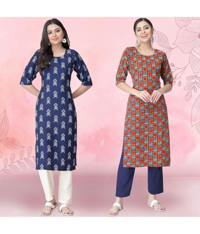     			1 Stop Fashion Crepe Printed Kurti With Pants Women's Stitched Salwar Suit - Orange ( Pack of 2 )