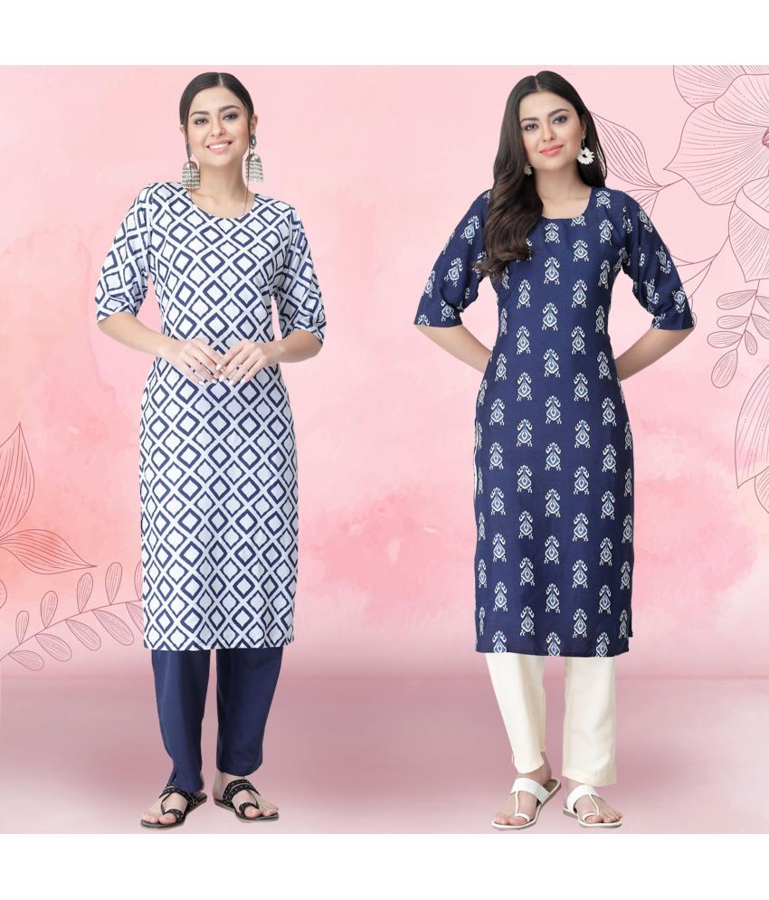     			1 Stop Fashion Crepe Printed Kurti With Pants Women's Stitched Salwar Suit - Blue ( Pack of 2 )