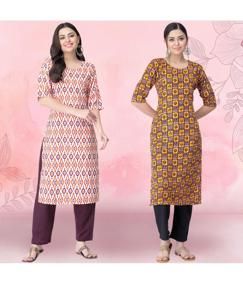     			1 Stop Fashion Crepe Printed Kurti With Pants Women's Stitched Salwar Suit - Yellow ( Pack of 2 )