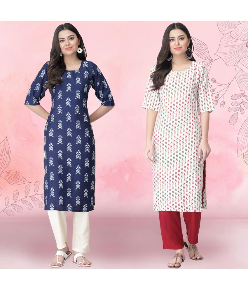     			1 Stop Fashion Crepe Printed Kurti With Pants Women's Stitched Salwar Suit - Off White ( Pack of 2 )