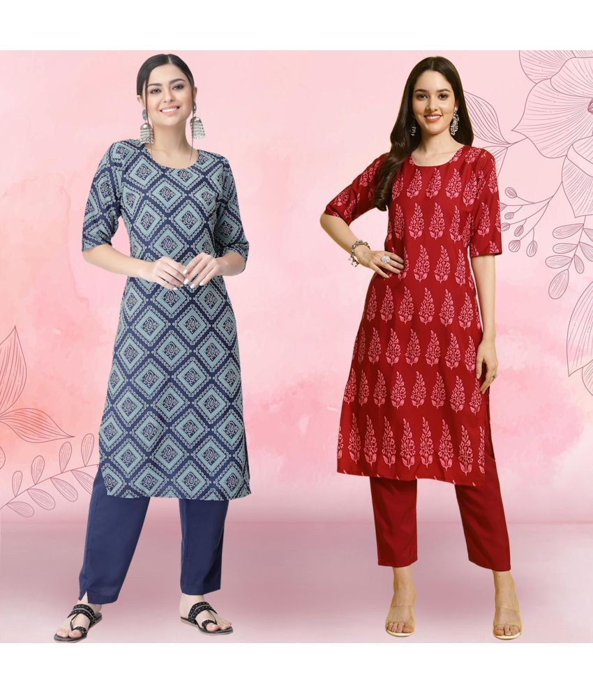     			1 Stop Fashion Crepe Printed Kurti With Pants Women's Stitched Salwar Suit - Red ( Pack of 2 )