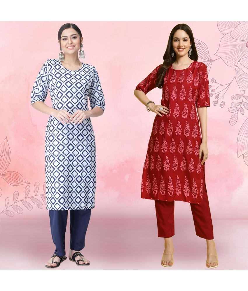     			1 Stop Fashion Crepe Printed Kurti With Pants Women's Stitched Salwar Suit - Red ( Pack of 2 )