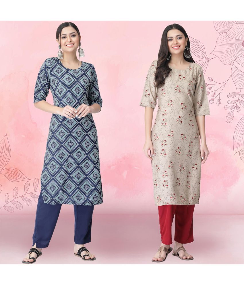     			1 Stop Fashion Crepe Printed Kurti With Pants Women's Stitched Salwar Suit - Beige ( Pack of 2 )