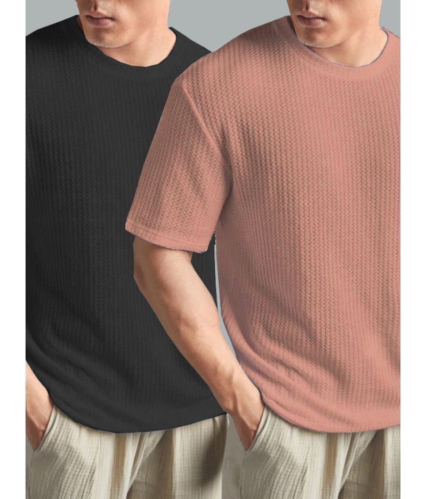     			Merriment Polyester Regular Fit Self Design Half Sleeves Men's Round T-Shirt - Peach ( Pack of 2 )