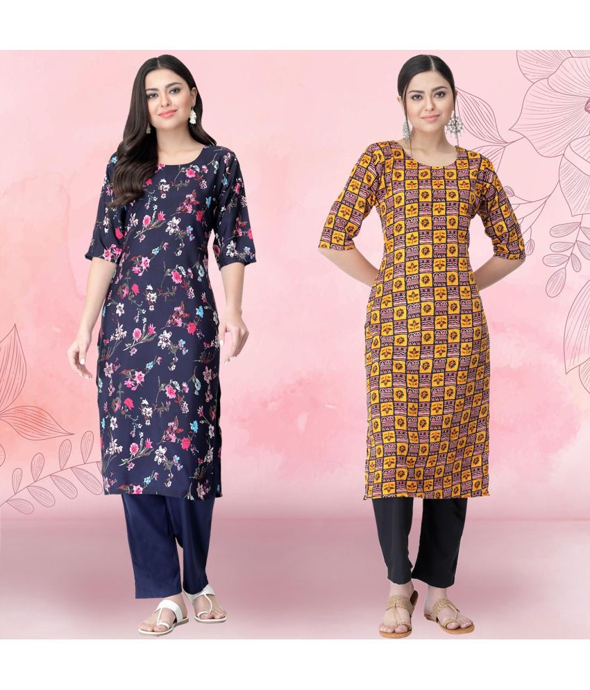     			1 Stop Fashion Crepe Printed Kurti With Pants Women's Stitched Salwar Suit - Yellow ( Pack of 2 )