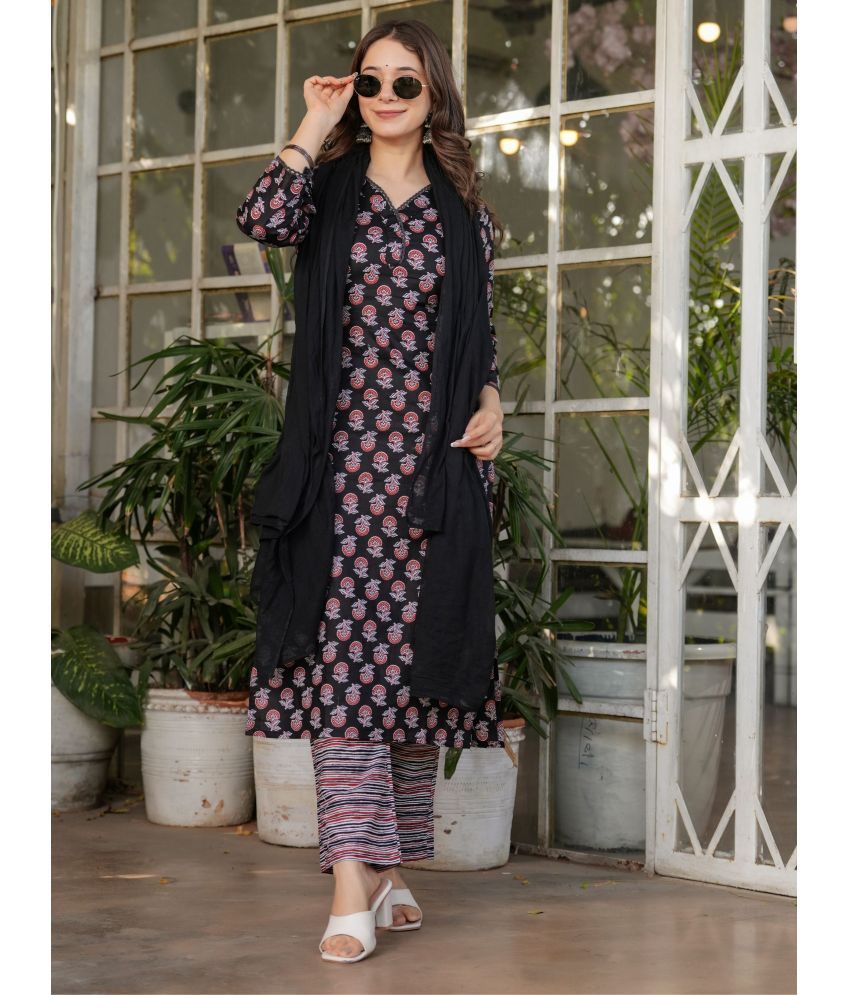     			Niza Fashion Cotton Printed Kurti With Pants Women's Stitched Salwar Suit - Black ( Pack of 1 )