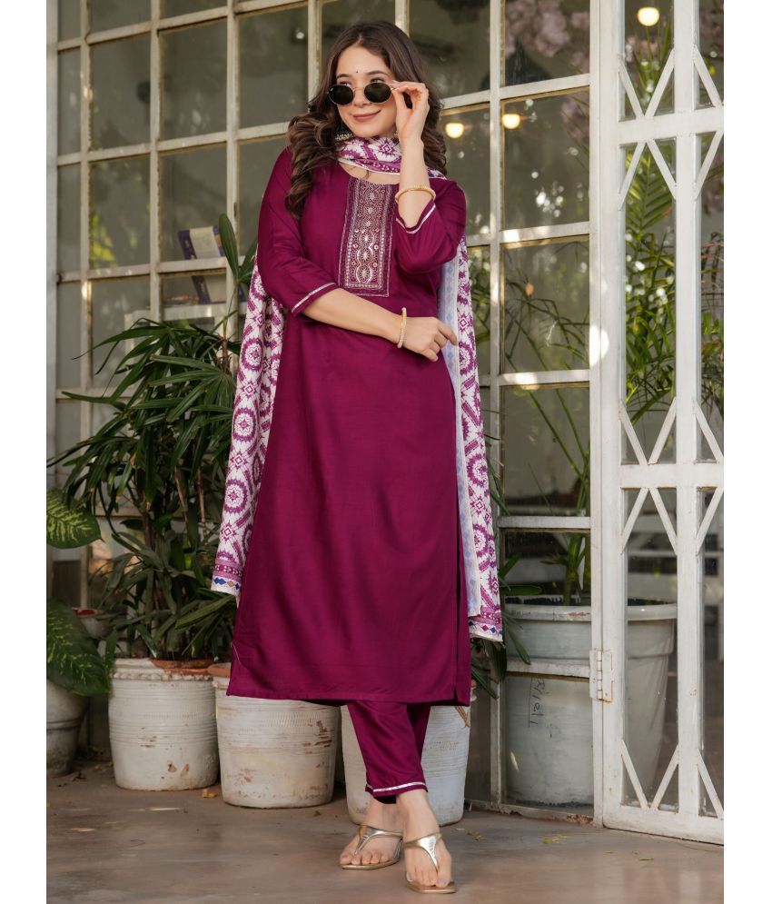     			Niza Fashion Rayon Embroidered Kurti With Pants Women's Stitched Salwar Suit - Maroon ( Pack of 1 )